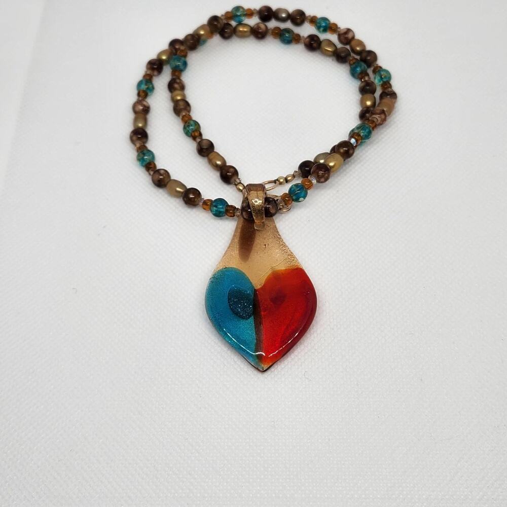 Artisan Hand Blown Glass Heart Pendant Necklace Gold Flake Red Blue Boho